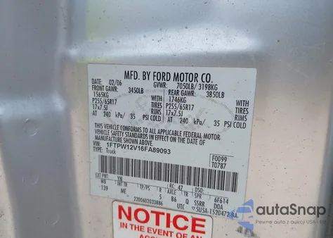 2006 Ford F-150 Lariat/Xlt из США, поврежденный, VIN 1FTPW12V16FA89093